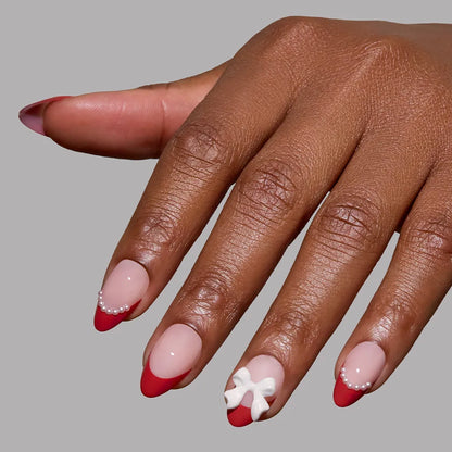 Ruby Ribbons press-on nail set - XS to L sizing, milky cloud dancer design