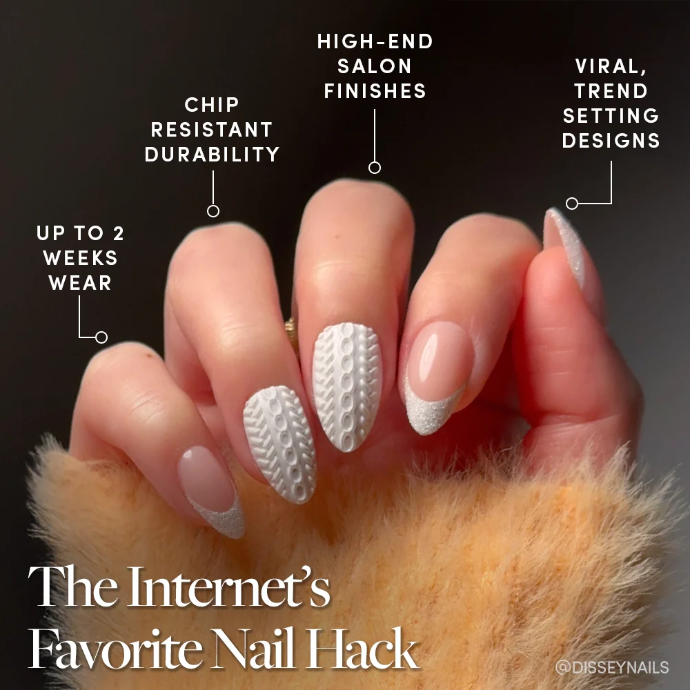 Sweater Weather press-on nails close-up texture detail - 3d sculptural finish, US shipping