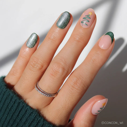 Velvet Pine cat-eye velvet press-on nails - oval shape, front view