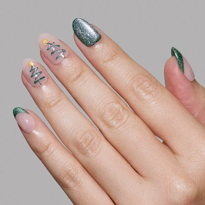 Velvet Pine press-on nail set - XS to L sizing, cat-eye velvet design