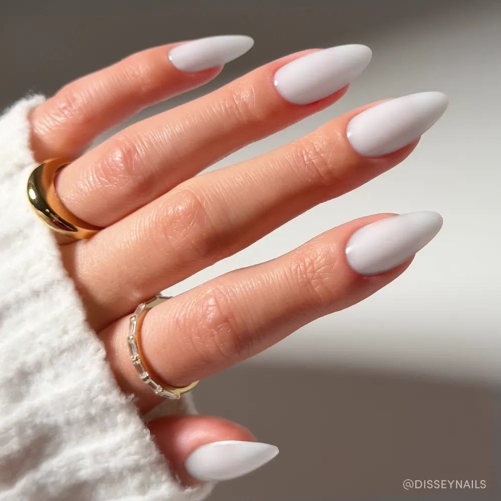 Clouded milky cloud dancer press-on nails - almond shape, front view