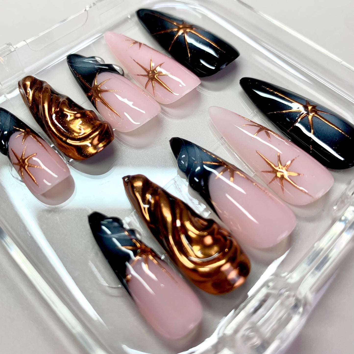 Royal Flame press-on nails on hand - lifestyle photo, cat-eye velvet finish