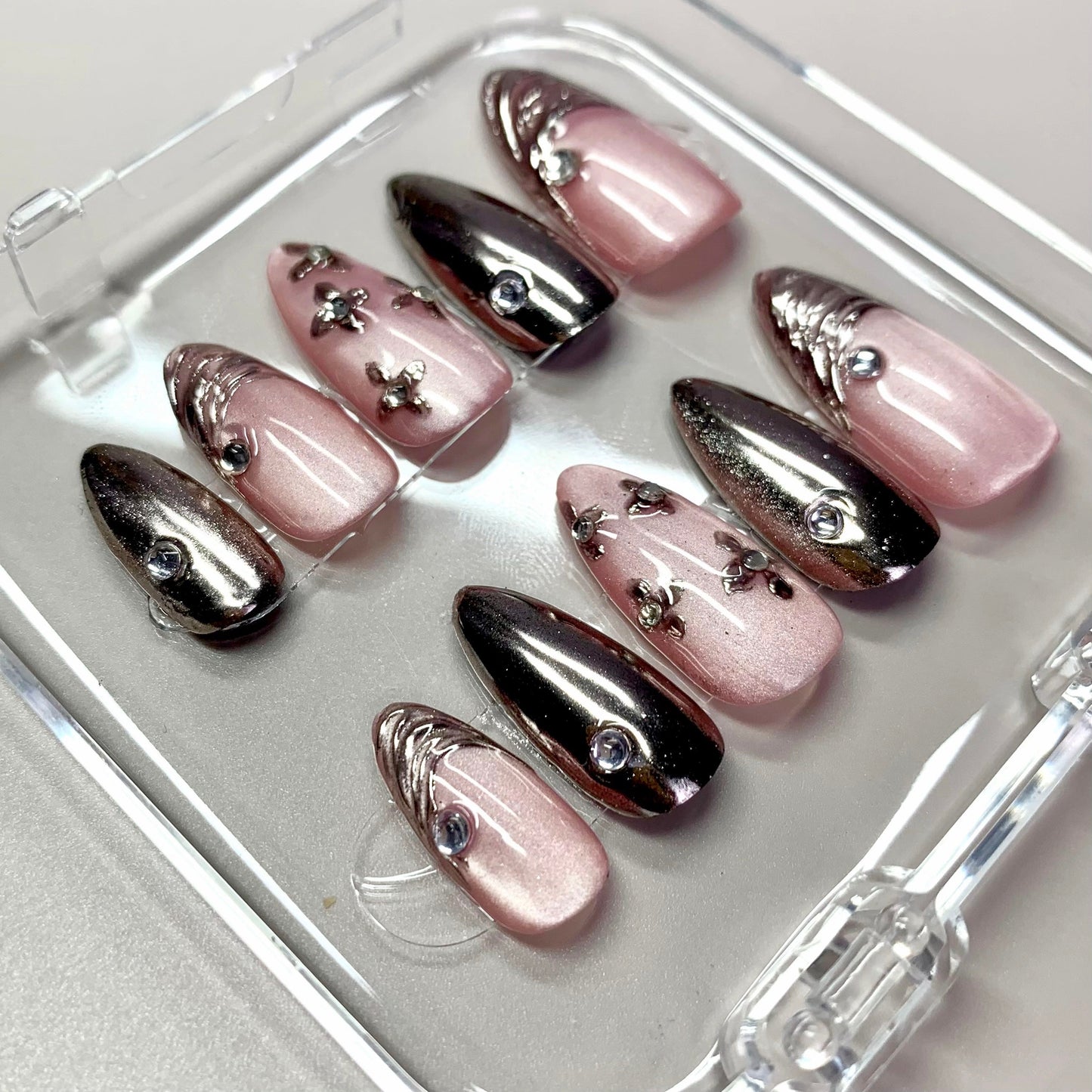 Blush Chrome press-on nails close-up texture detail - 3d sculptural finish, US shipping