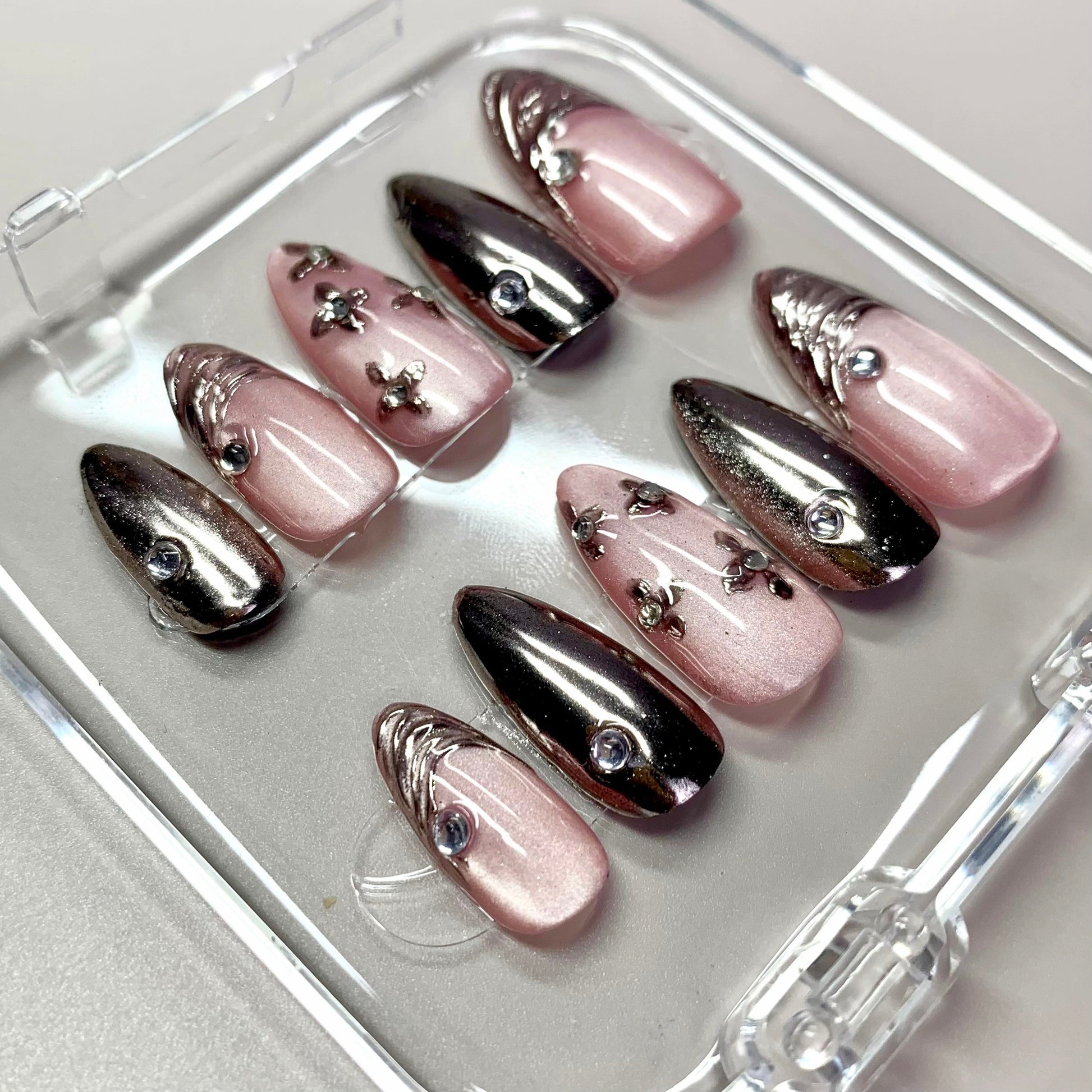 Blush Chrome press-on nails close-up texture detail - 3d sculptural finish, US shipping