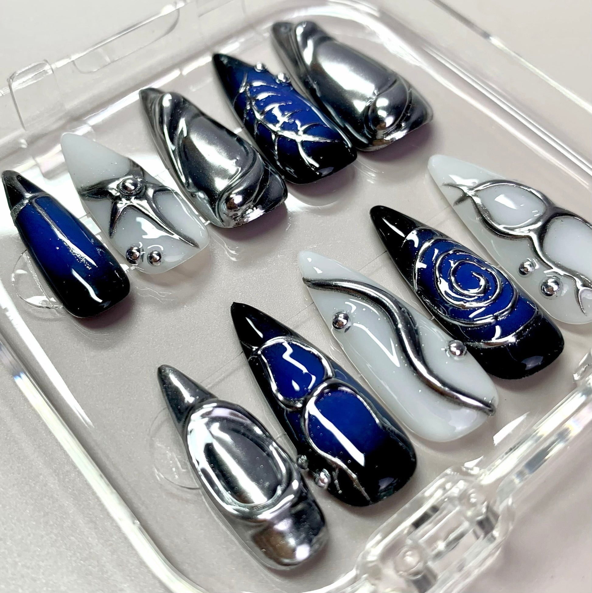 Futuristic Space press-on nail set - XS to L sizing, milky cloud dancer design