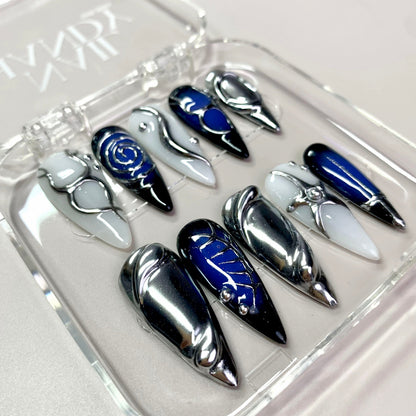 Futuristic Space press-on nails on hand - lifestyle photo, milky cloud dancer finish