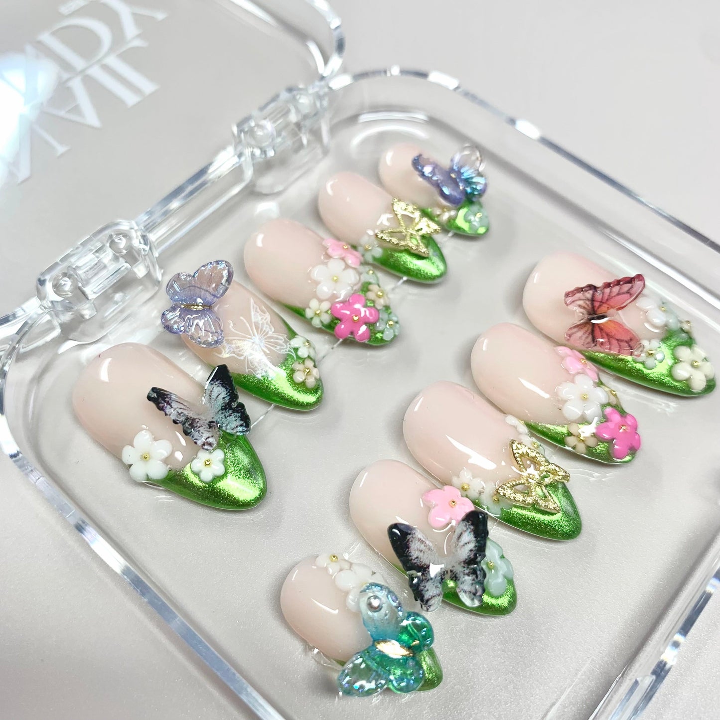 Butterfly Garden press-on nails close-up texture detail - milky cloud dancer finish, US shipping