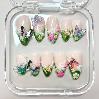 Butterfly Garden press-on nail set - XS to L sizing, milky cloud dancer design