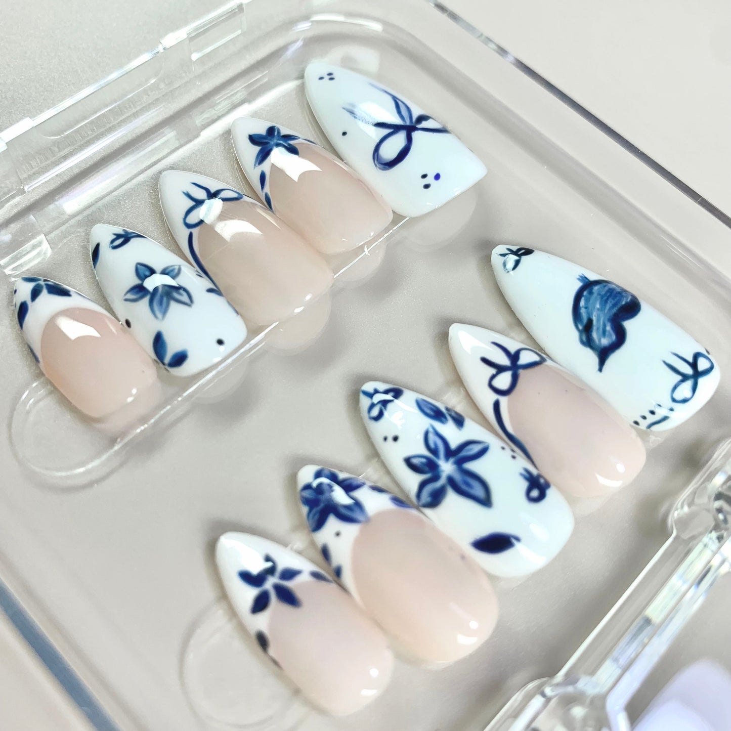 Ceramic Blue press-on nail set - XS to L sizing, milky cloud dancer design