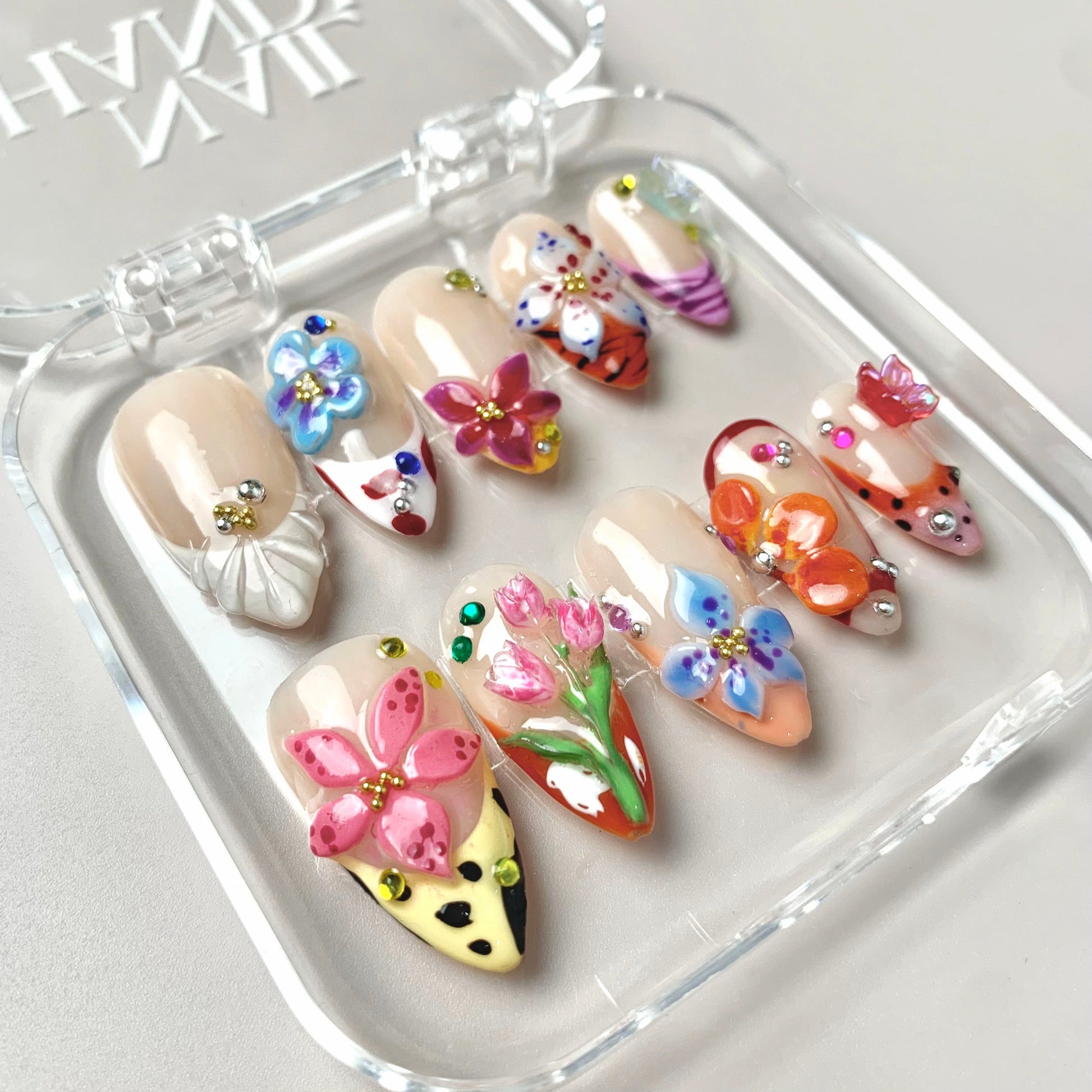 Vivid Bloom press-on nail set - XS to L sizing, milky cloud dancer design