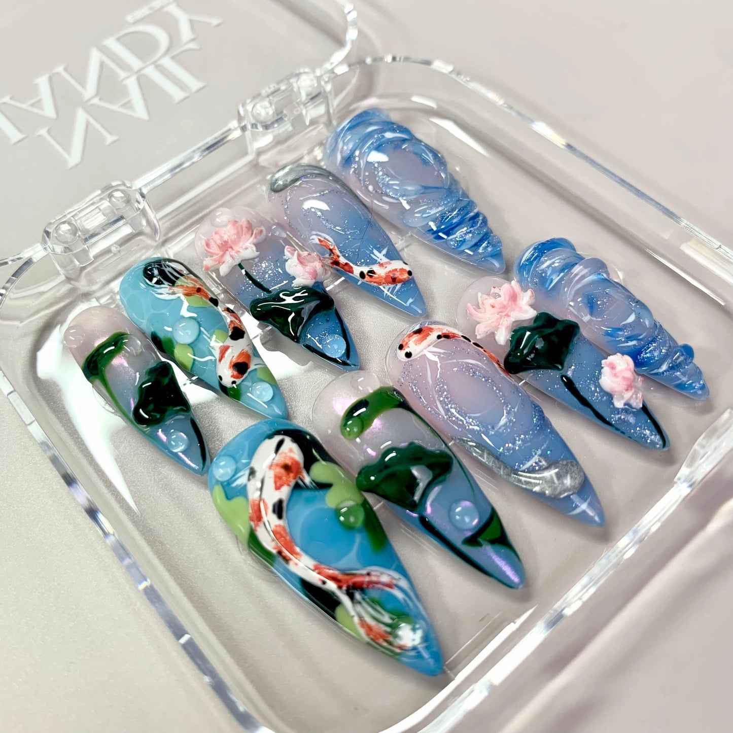 Lotus Drift press-on nails close-up texture detail - 3d sculptural finish, US shipping