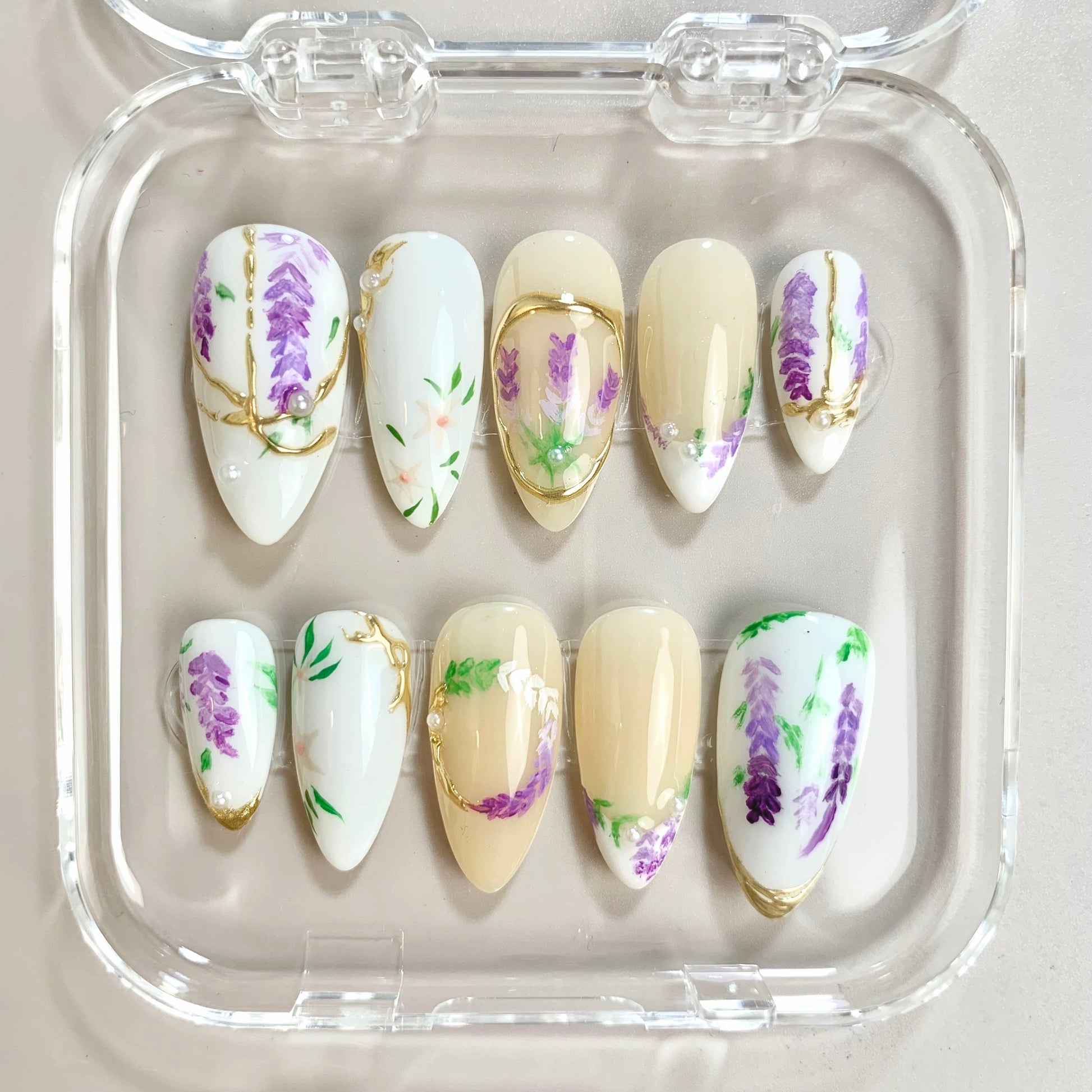 Lavender Blossom press-on nail set - XS to L sizing, milky cloud dancer design