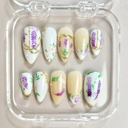 Lavender Blossom press-on nail set - XS to L sizing, milky cloud dancer design