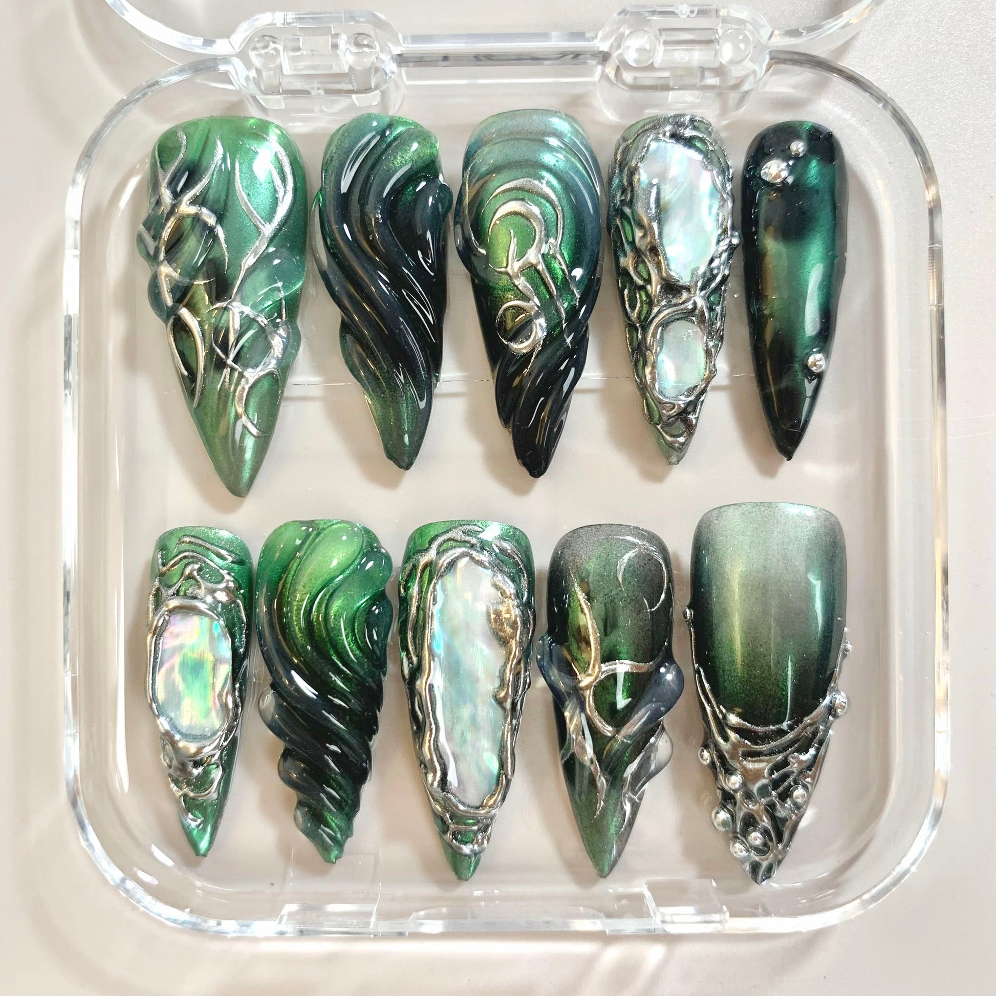 Nocturne Glitch press-on nail set - XS to L sizing, pearl-shift design