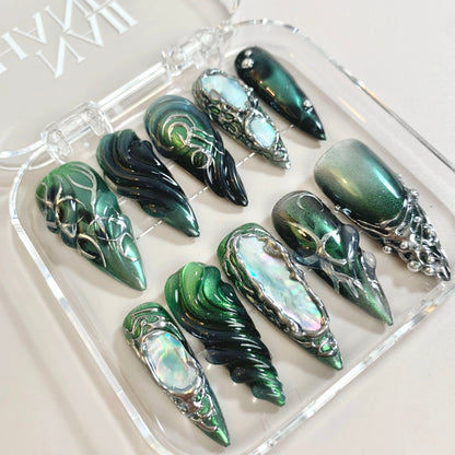 Nocturne Glitch press-on nails on hand - lifestyle photo, pearl-shift finish