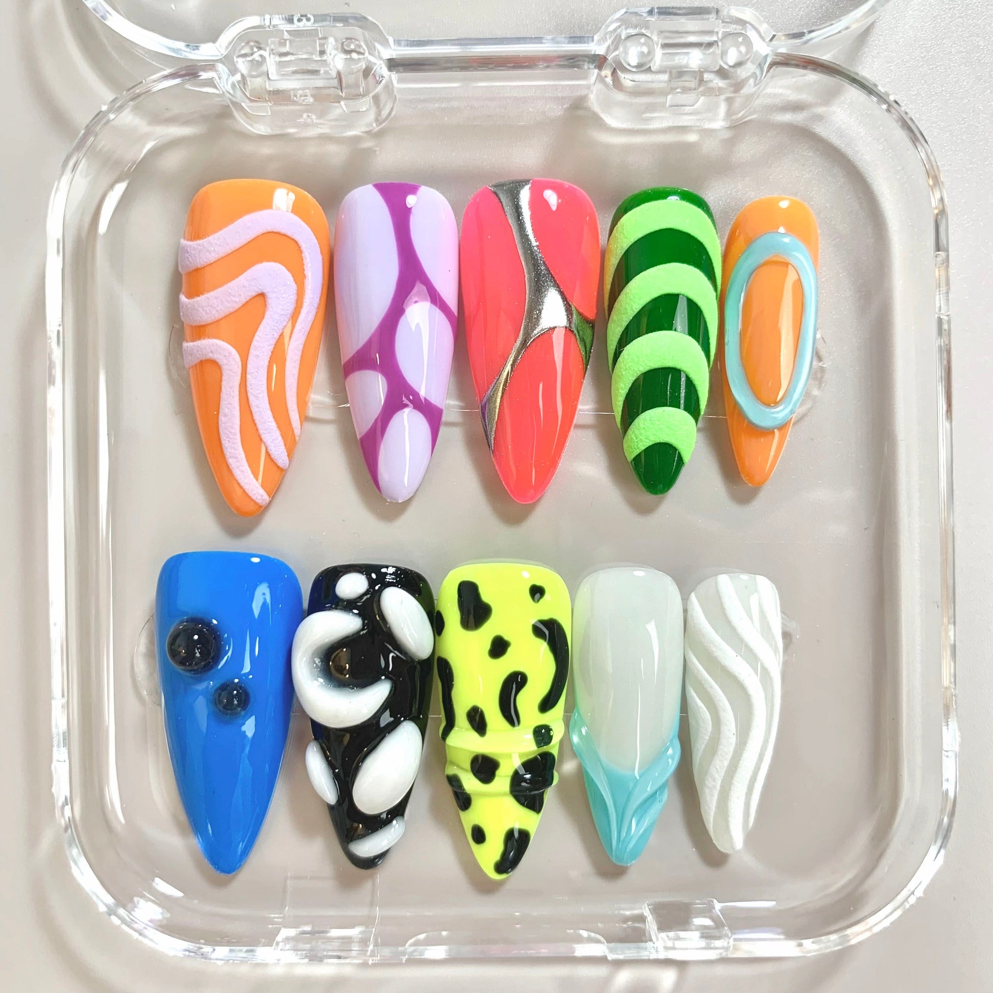 Neon Chaos press-on nail set - XS to L sizing, pearl-shift design