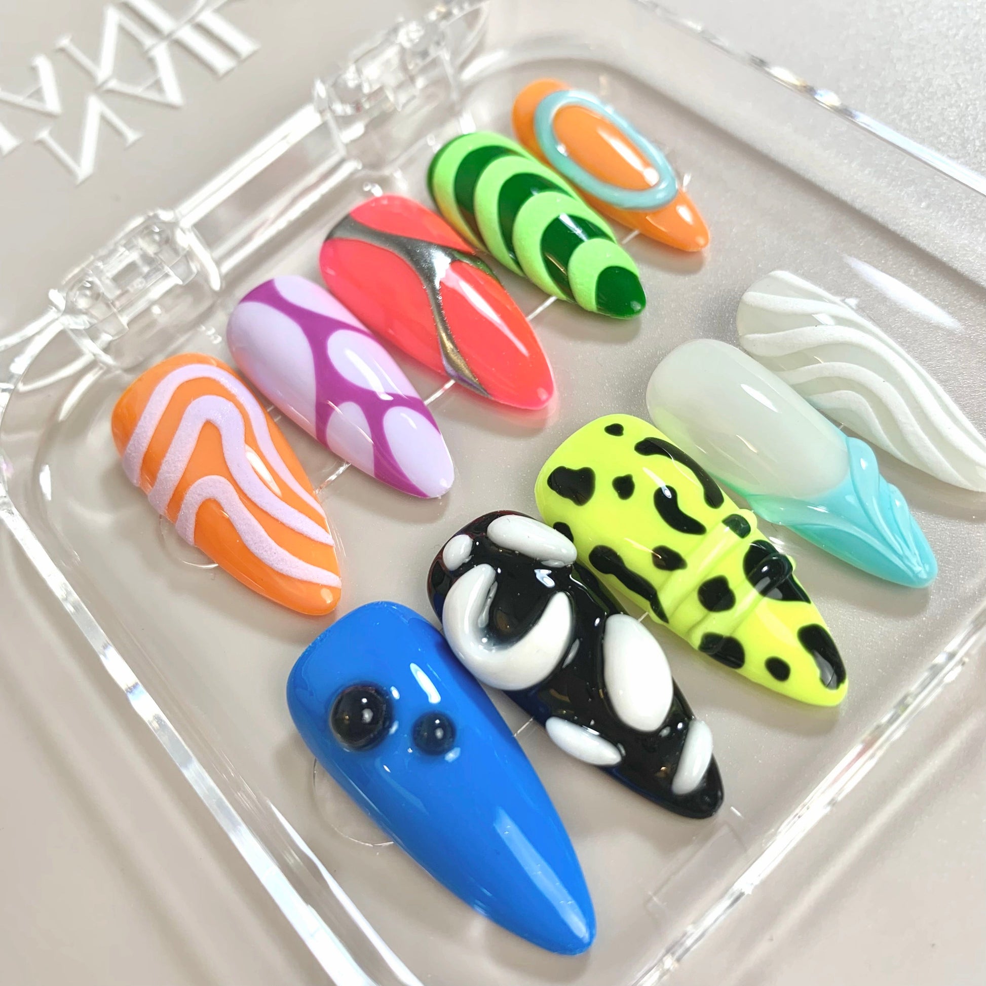Neon Chaos press-on nails close-up texture detail - pearl-shift finish, US shipping