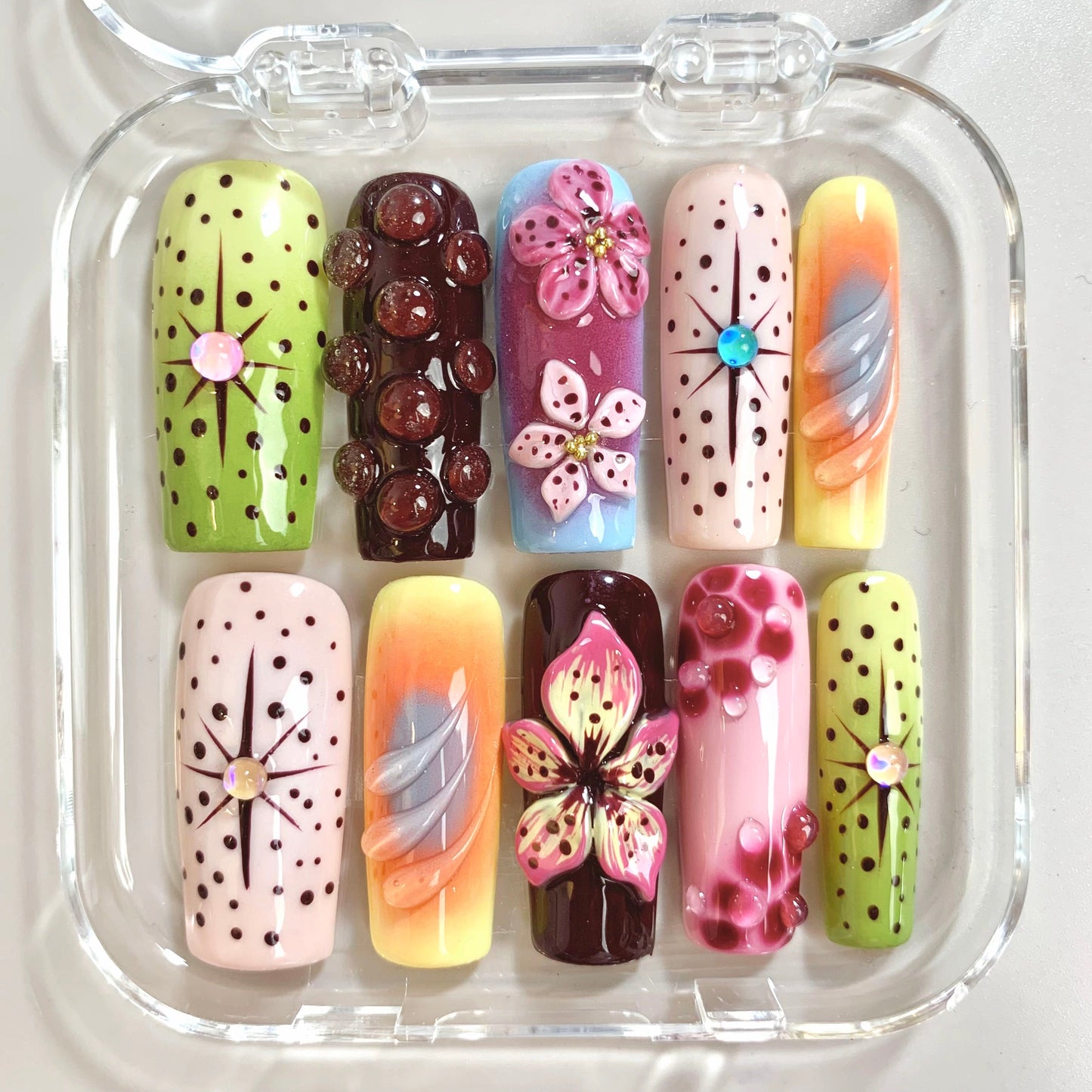 Neon Bloom press-on nails close-up texture detail - floral finish, US shipping