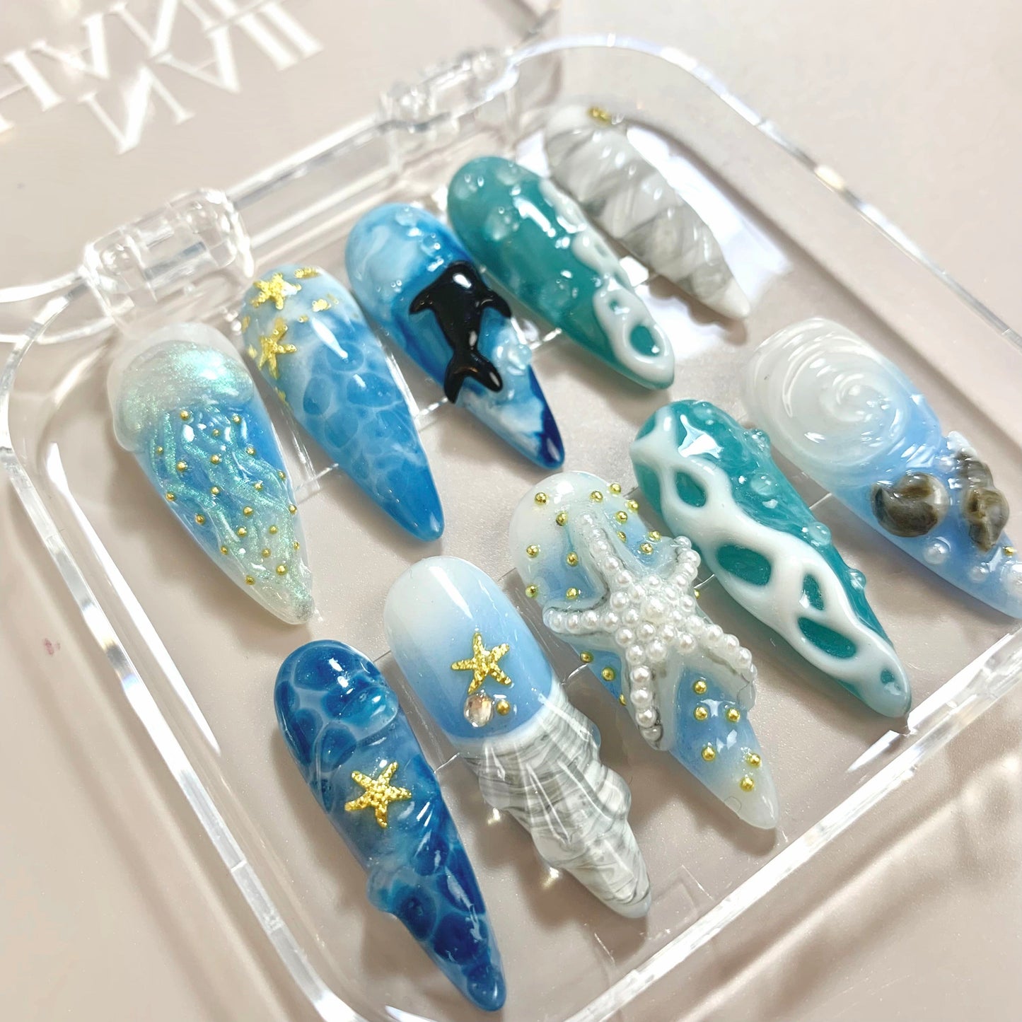 Ocean Breeze press-on nails close-up texture detail - 3d sculptural finish, US shipping