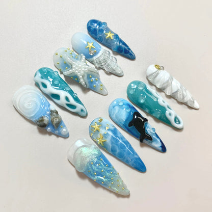 Ocean Breeze press-on nail set - XS to L sizing, 3d sculptural design