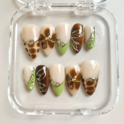 Earthy Elegance press-on nail set - XS to L sizing, cat-eye velvet design