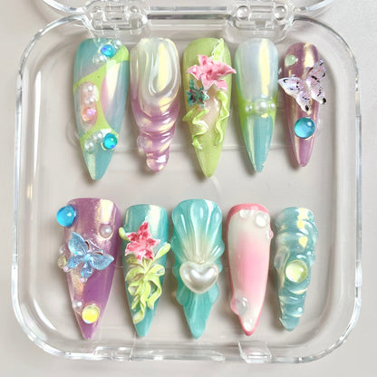 Floral Charm press-on nail set - XS to L sizing, 3d sculptural design