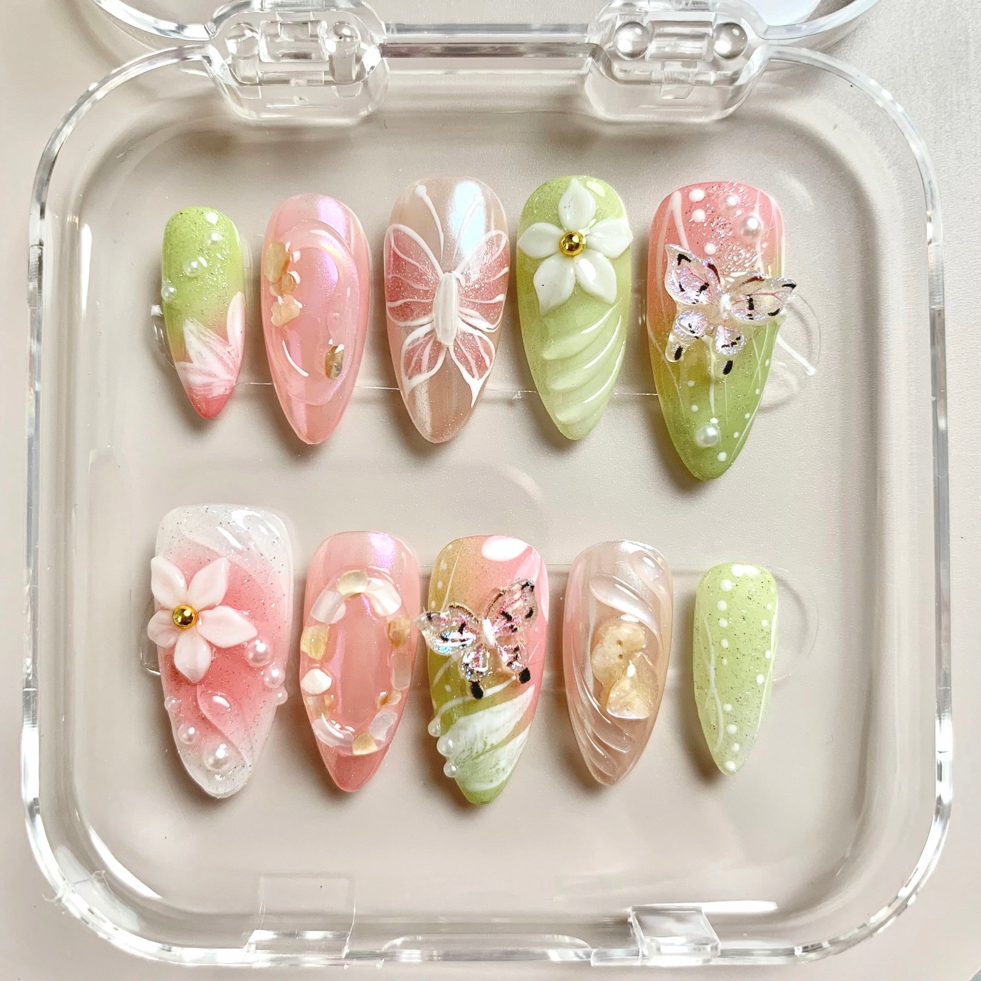 Whimsical Garden press-on nail set - XS to L sizing, milky cloud dancer design
