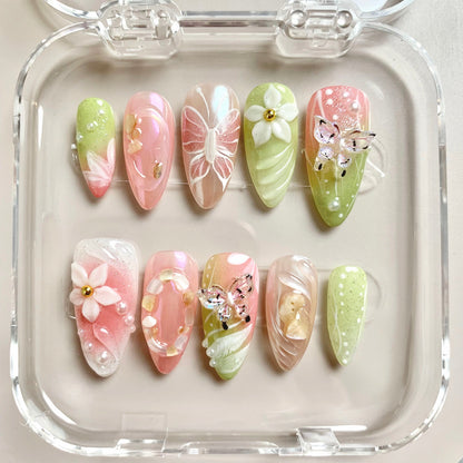 Whimsical Garden press-on nail set - XS to L sizing, milky cloud dancer design
