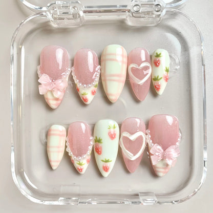 Sweet Strawberry press-on nail set - XS to L sizing, milky cloud dancer design