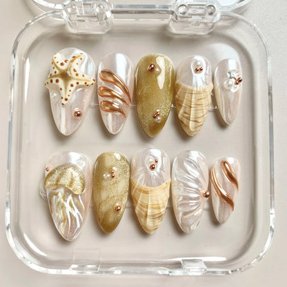 Golden Shore press-on nail set - XS to L sizing, milky cloud dancer design