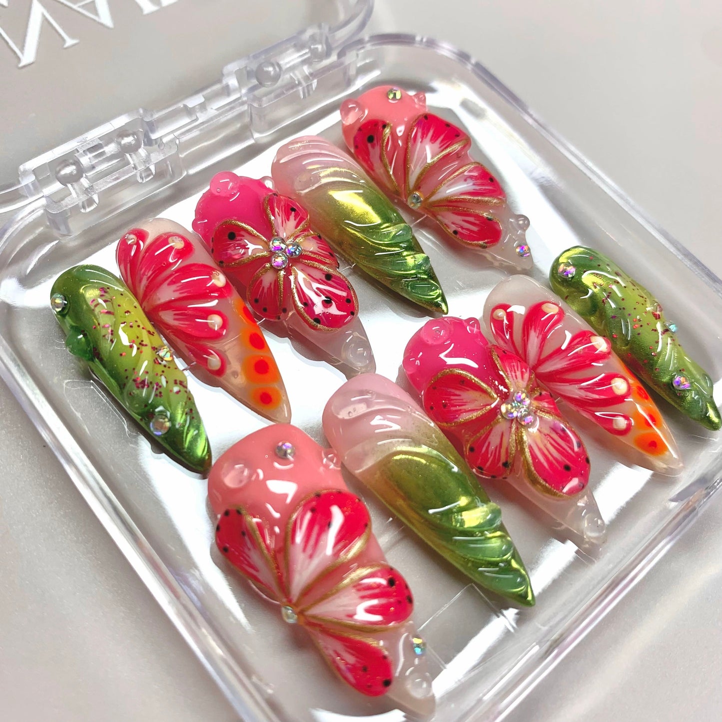 Tropical Flame press-on nail set - XS to L sizing, 3d sculptural design