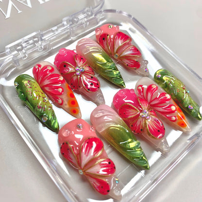 Tropical Flame press-on nail set - XS to L sizing, 3d sculptural design