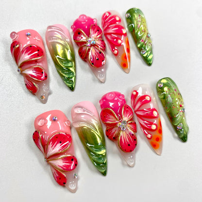 Tropical Flame press-on nails on hand - lifestyle photo, 3d sculptural finish