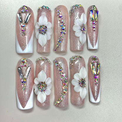 Bloom Luxe press-on nails on hand - lifestyle photo, milky cloud dancer finish