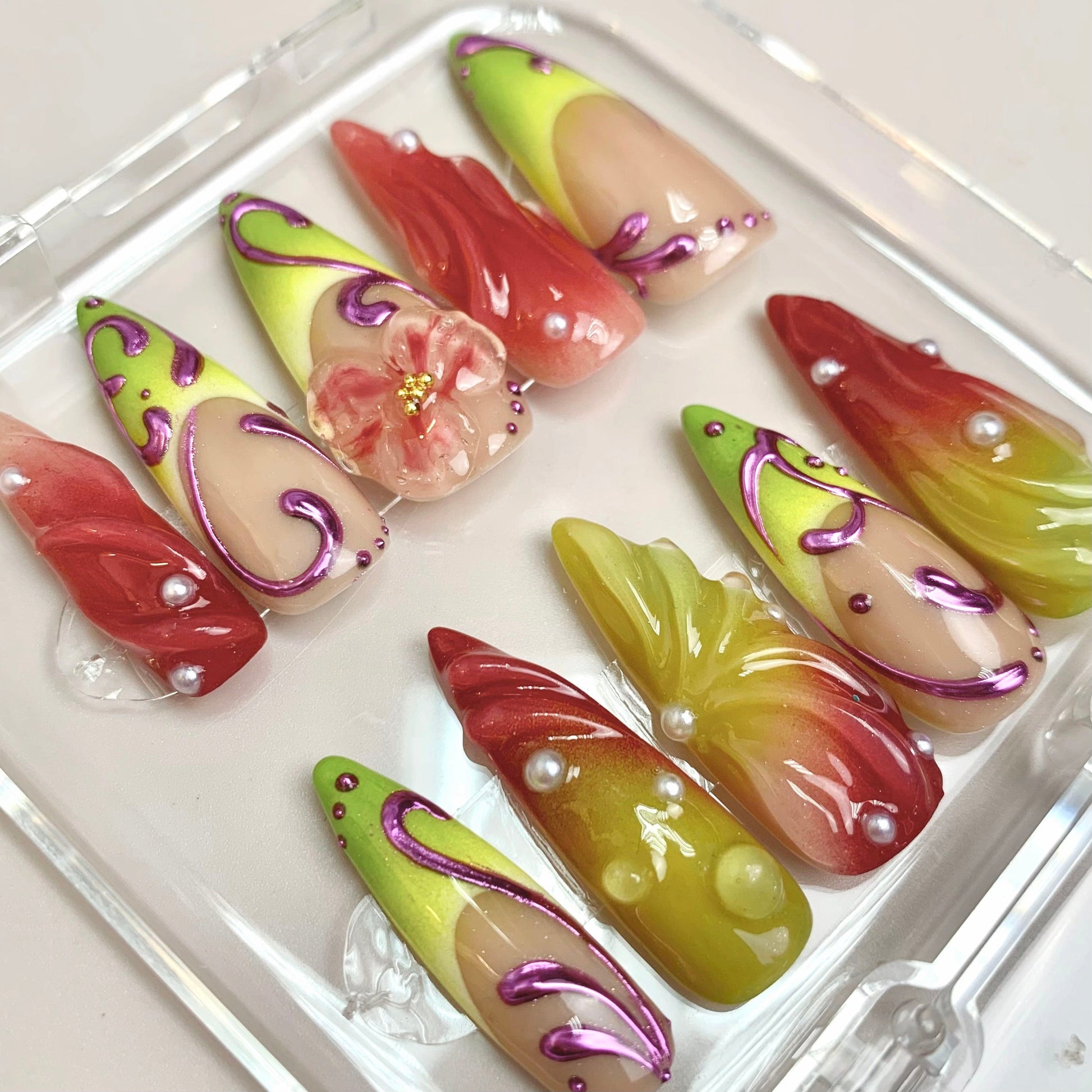 Floral Dream press-on nail set - XS to L sizing, milky cloud dancer design
