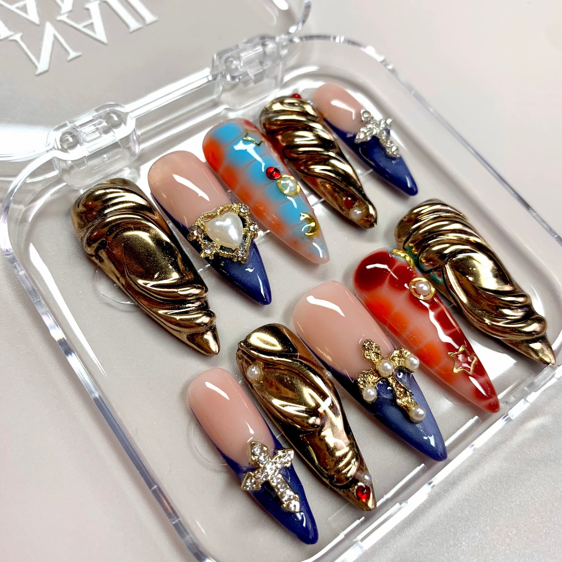 Cross & Crown press-on nail set - XS to L sizing, milky cloud dancer design