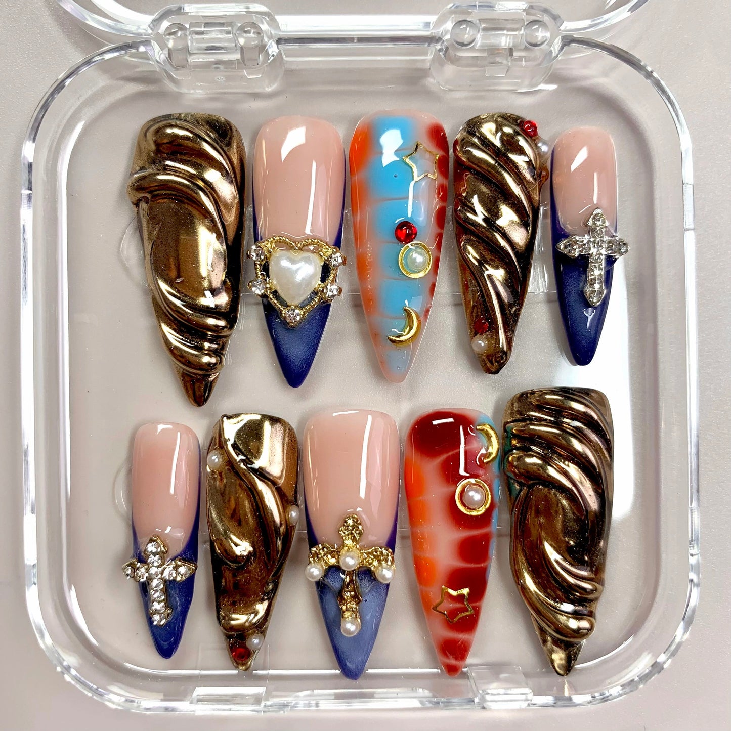 Cross & Crown press-on nails on hand - lifestyle photo, milky cloud dancer finish