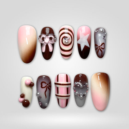 Cocoa Swirl 3d sculptural press-on nails - almond shape, front view