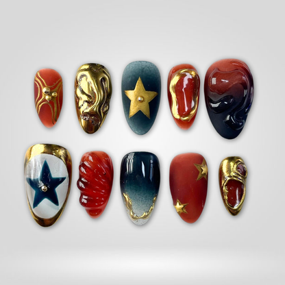 Cosmic Hero 3d sculptural press-on nails - almond shape, front view