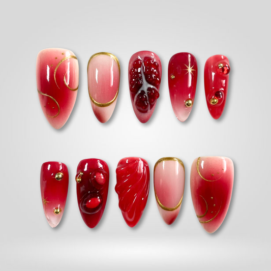 Ruby Kiss 3d sculptural press-on nails - almond shape, front view