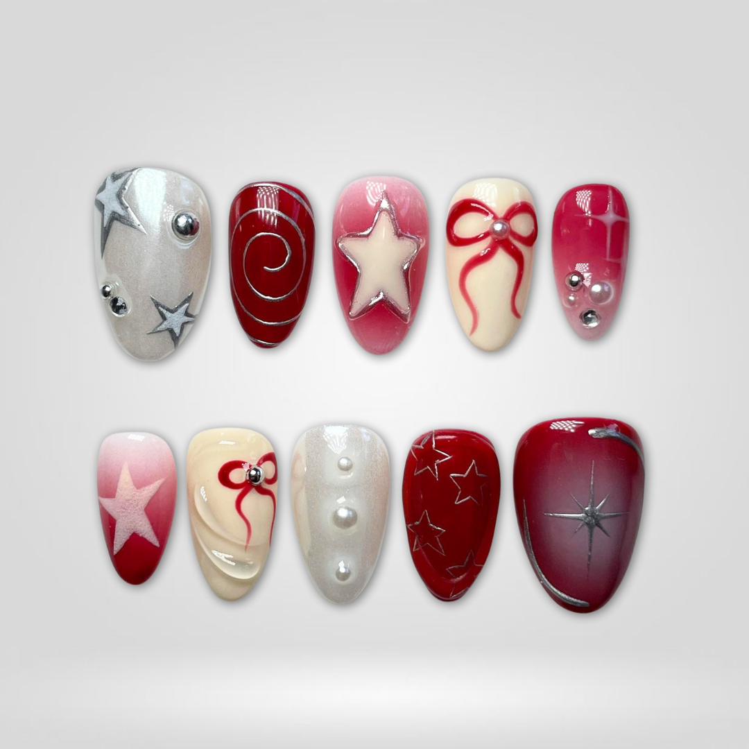 Twinkle Bow 3d sculptural press-on nails - almond shape, front view