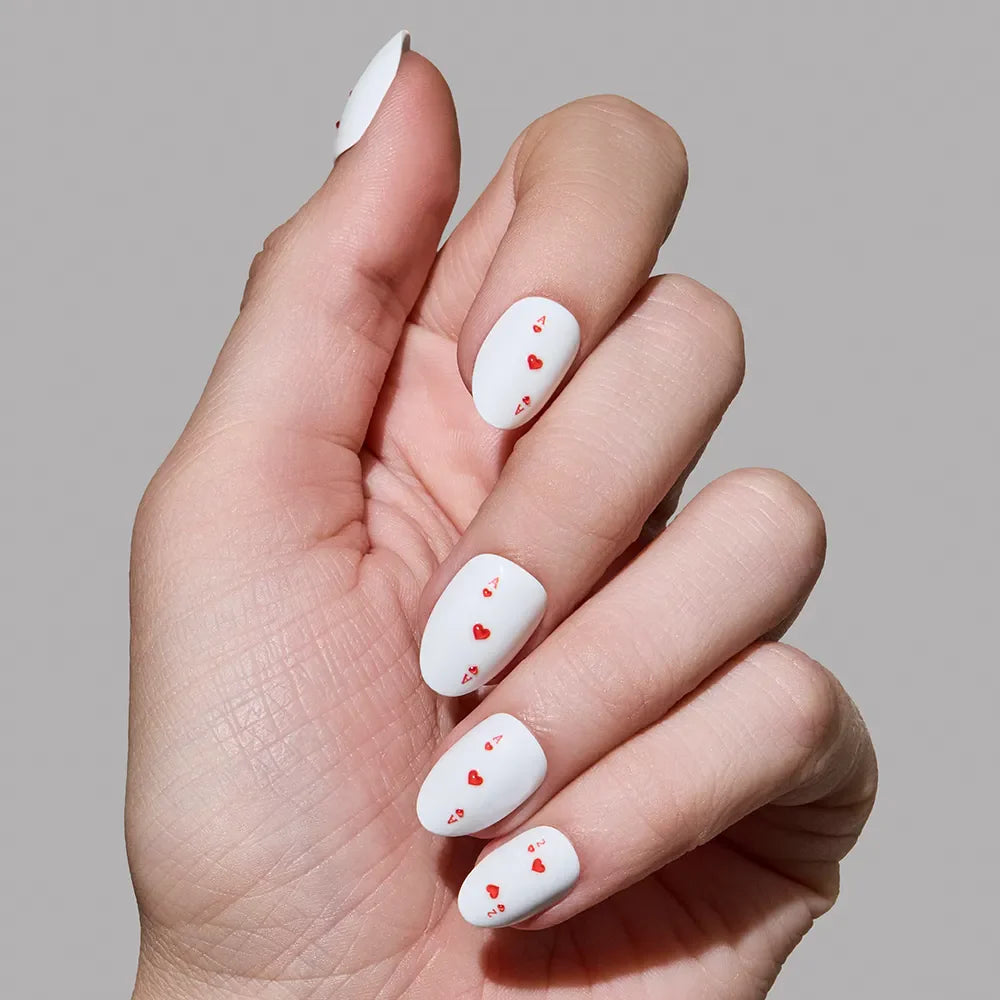Ace of Hearts press-on nail set - XS to L sizing, milky cloud dancer design