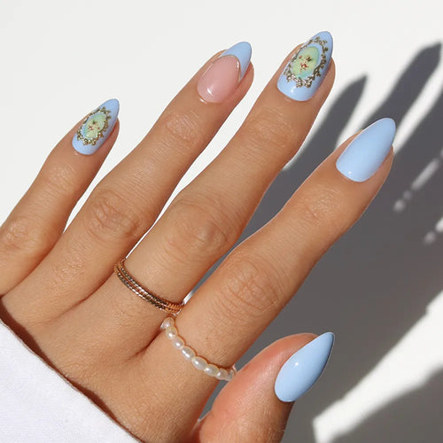 Angel in Blue french tip press-on nails - almond shape, front view