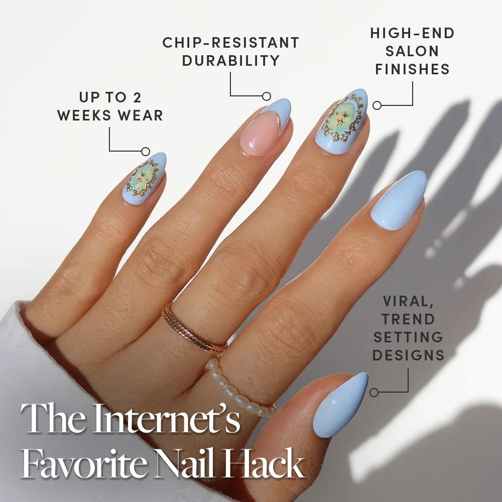 Angel in Blue press-on nails close-up texture detail - french tip finish, US shipping