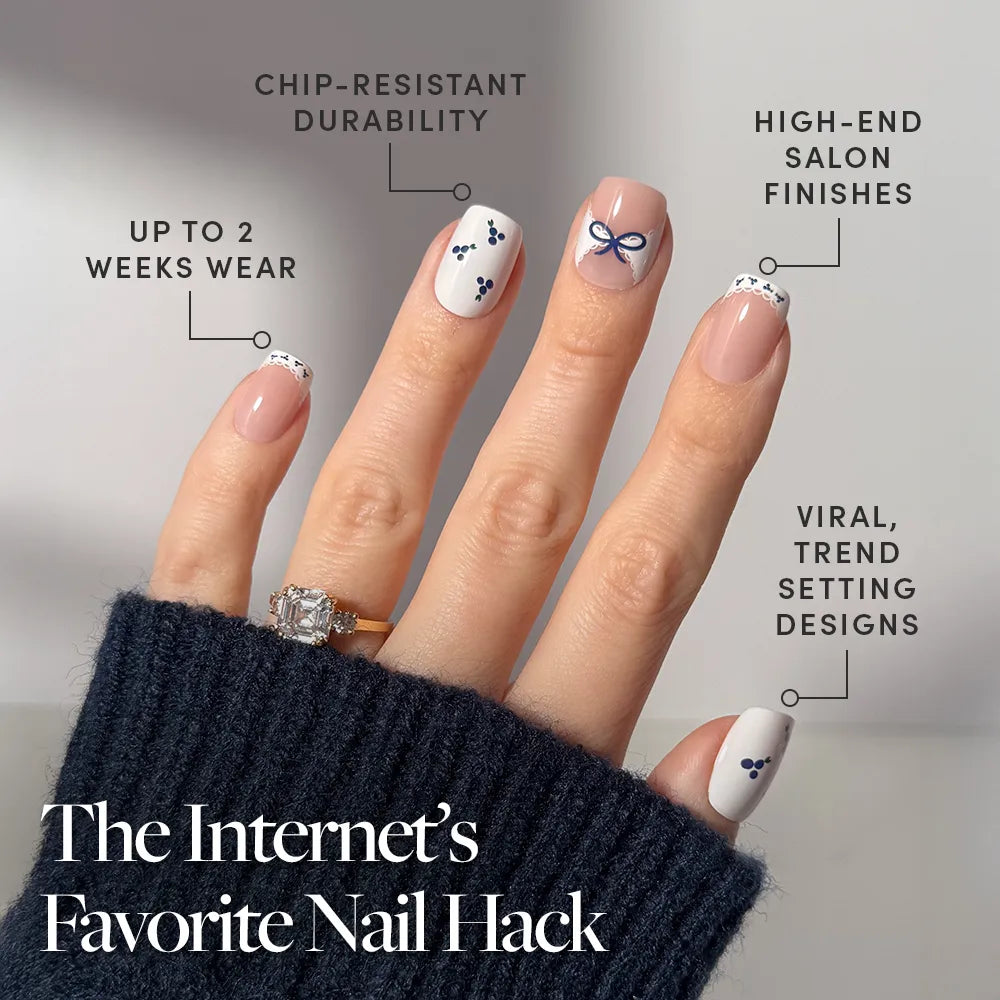 Blue A Kiss press-on nail set - XS to L sizing, french tip design
