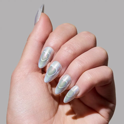 Electric Lover press-on nails on hand - lifestyle photo, cat-eye velvet finish