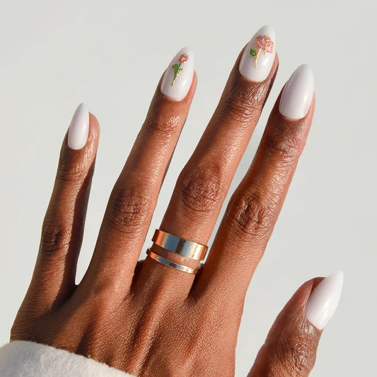 Floral Glow milky cloud dancer press-on nails - almond shape, front view
