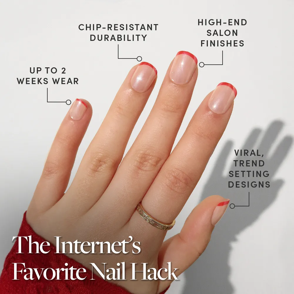 Hotline Red press-on nails close-up texture detail - dipped french finish, US shipping