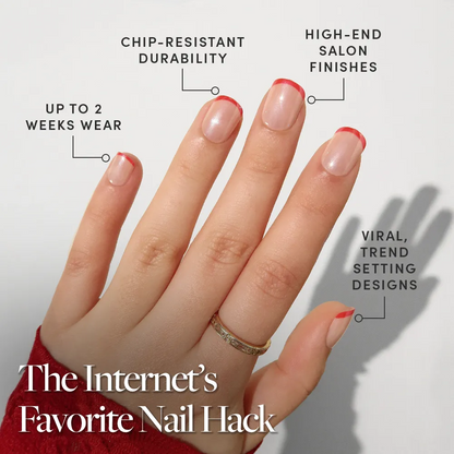 Hotline Red press-on nails close-up texture detail - dipped french finish, US shipping