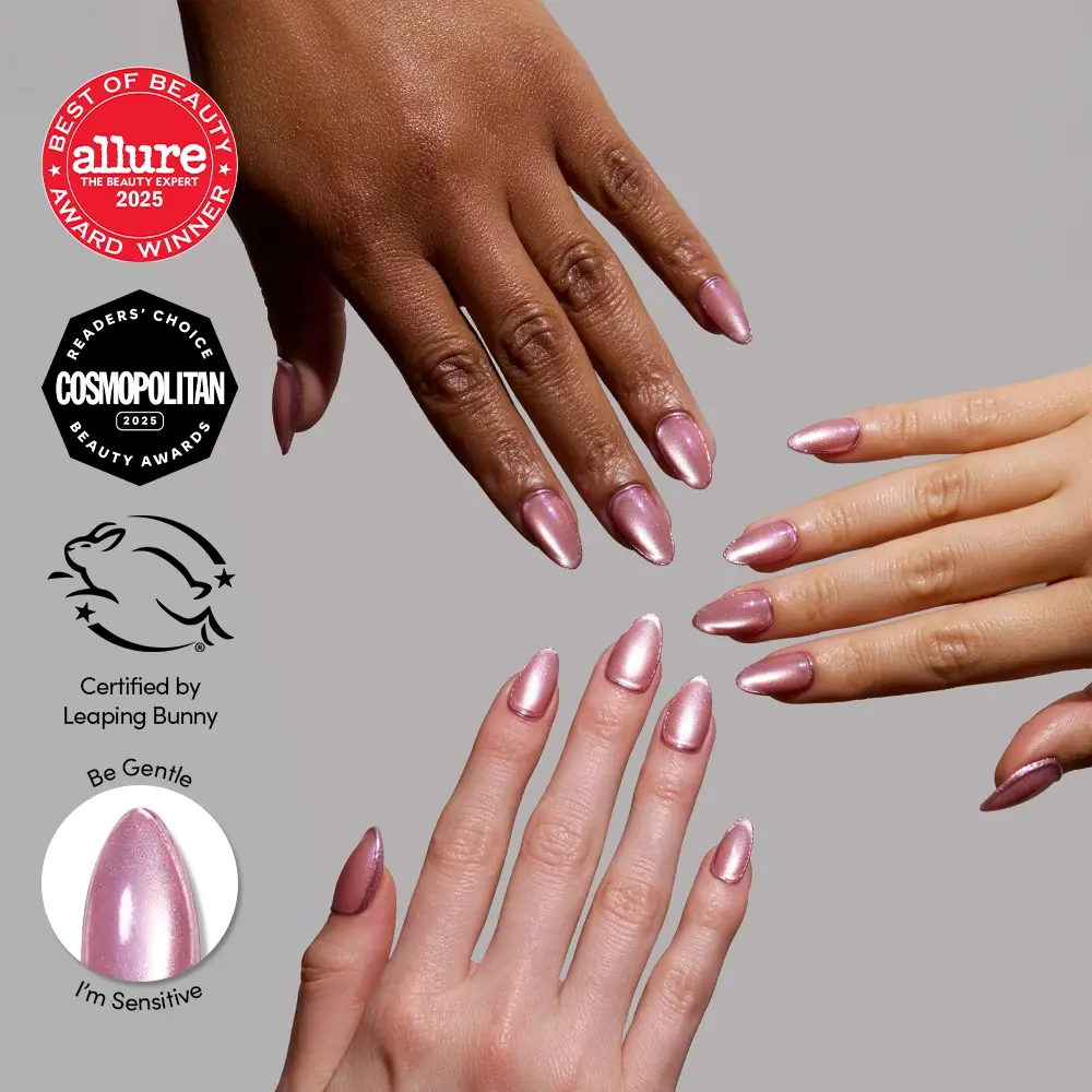 Mertini press-on nails on hand - lifestyle photo, cat-eye velvet finish